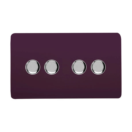 4 Gang 2 Way Dimmer Switch in plum, a screwless rectangular plate with four round chrome rotary knobs, shown on a plain white background.