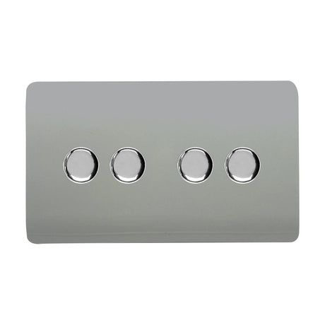 4 Gang 2 Way Dimmer Switch in platinum silver with a screwless flat plate and four round chrome rotary knobs, shown on a plain white background.