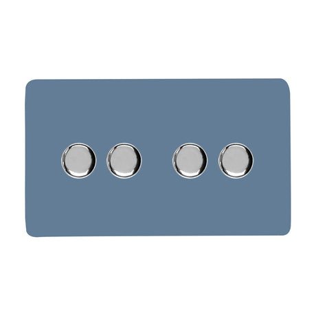 4 Gang 2 Way Dimmer Switch in Sky Blue, screwless flat plate with four round chrome rotary dial knobs, shown on a plain white background.