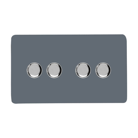 4 Gang 2 Way Dimmer Switch in warm grey with screwless matt plate and four round chrome rotary knobs, shown on a plain white background.