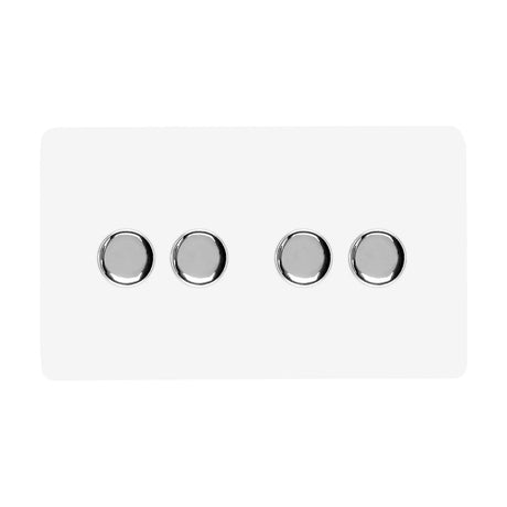 4 Gang 2 Way Dimmer Switch in Ice White, screwless flat plate with four round chrome rotary knobs, shown on a plain white background.