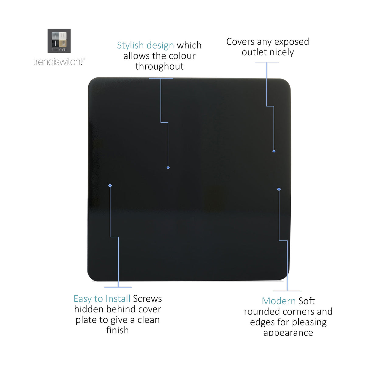 Single gang blanking plate in glossy piano black, screwless square design with rounded corners, shown on a white background with labelled feature callouts.