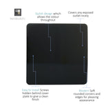 Single gang blanking plate in glossy piano black, screwless square design with rounded corners, shown on a white background with labelled feature callouts.