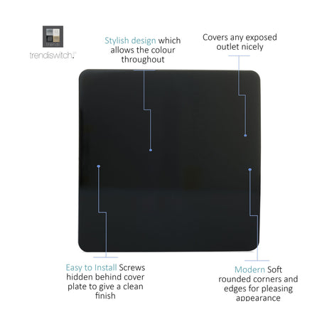 Single gang blanking plate in glossy piano black, screwless square design with rounded corners, shown on a white background with labelled feature callouts.