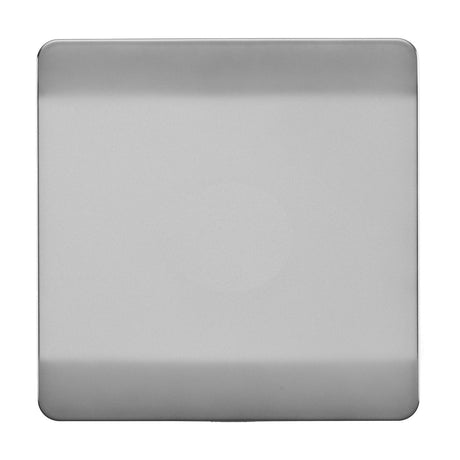Single gang blanking plate in brushed steel with a screwless, square face and softly reflective finish, shown on a plain white background.