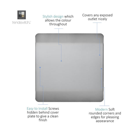 Single gang blanking plate in brushed steel with a screwless, square face and softly brushed grain finish, shown against a plain white background.