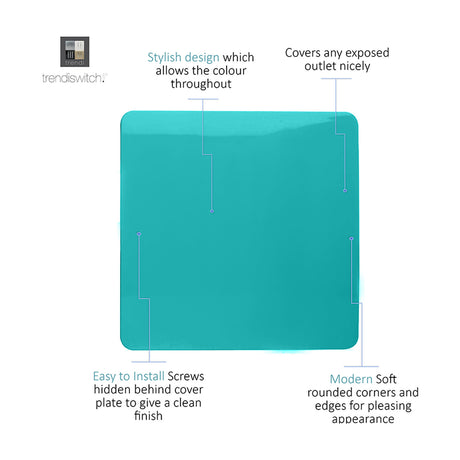 Single Blanking Plate in bright teal polycarbonate, square screwless design with rounded corners, 1-gang, shown with feature callouts on a white background.