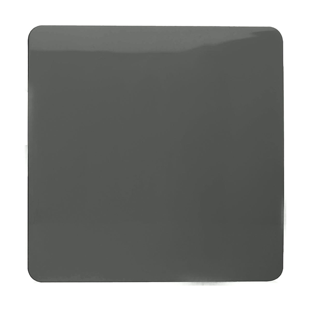 Single gang blanking plate in charcoal polycarbonate with a flat, screwless square face, shown on a plain white background.