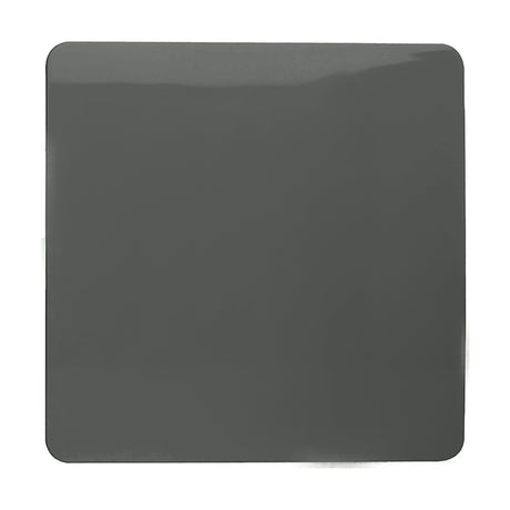 Single gang blanking plate in charcoal polycarbonate with a flat, screwless square face, shown on a plain white background.