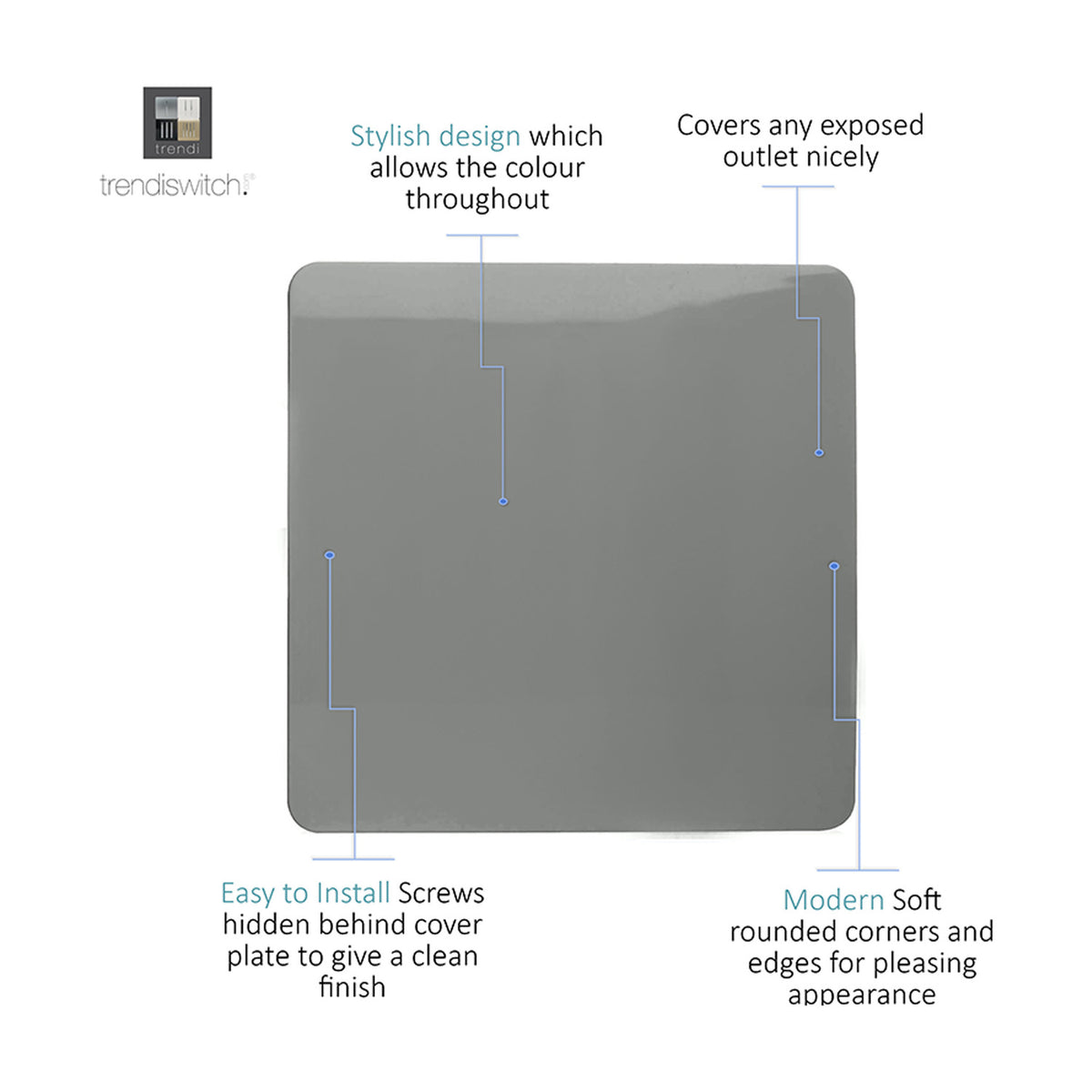 Single blanking plate in charcoal, square screwless design with rounded corners, 1-gang polycarbonate cover plate shown on a plain white background with feature callouts.