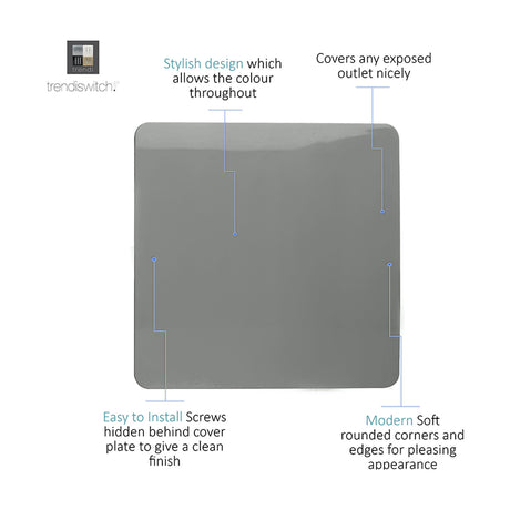 Single blanking plate in charcoal, square screwless design with rounded corners, 1-gang polycarbonate cover plate shown on a plain white background with feature callouts.