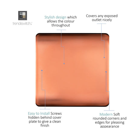 Single Blanking Plate in copper finish with a square screwless design, rounded corners, and hidden fixing screws, shown on a plain white background.
