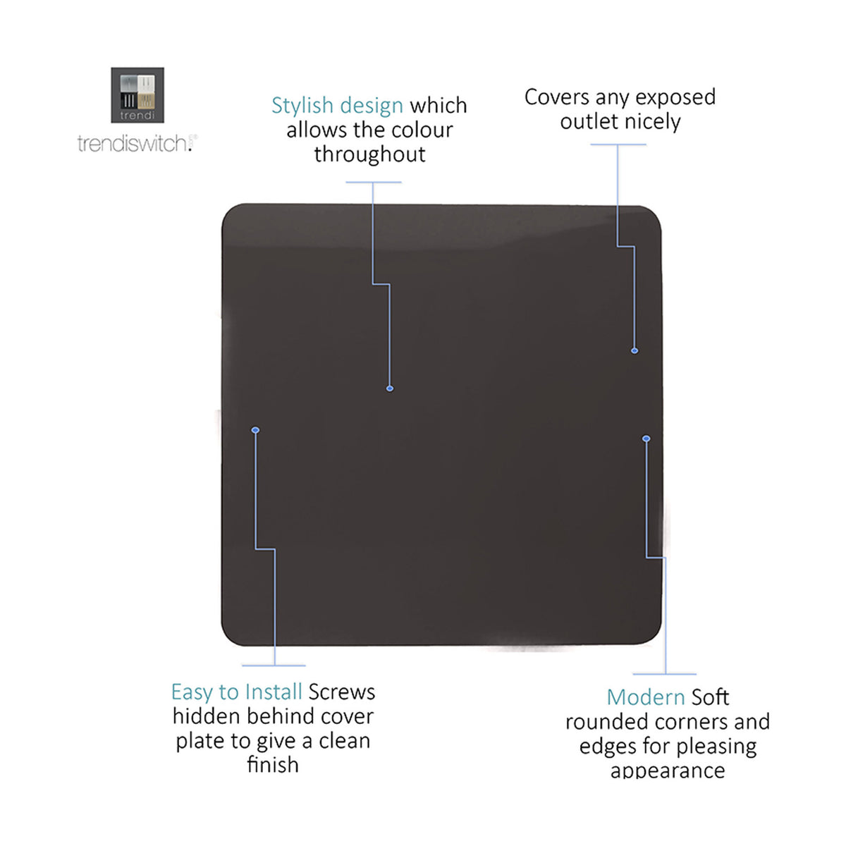 Single gang blanking plate in dark brown, square screwless design with hidden fixings and rounded corners, shown with labelled feature callouts on a white background.