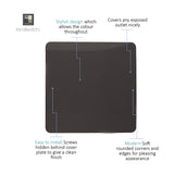 Single gang blanking plate in dark brown, square screwless design with hidden fixings and rounded corners, shown with labelled feature callouts on a white background.