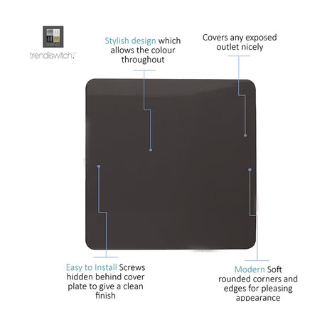 Single gang blanking plate in dark brown, square screwless design with hidden fixings and rounded corners, shown with labelled feature callouts on a white background.