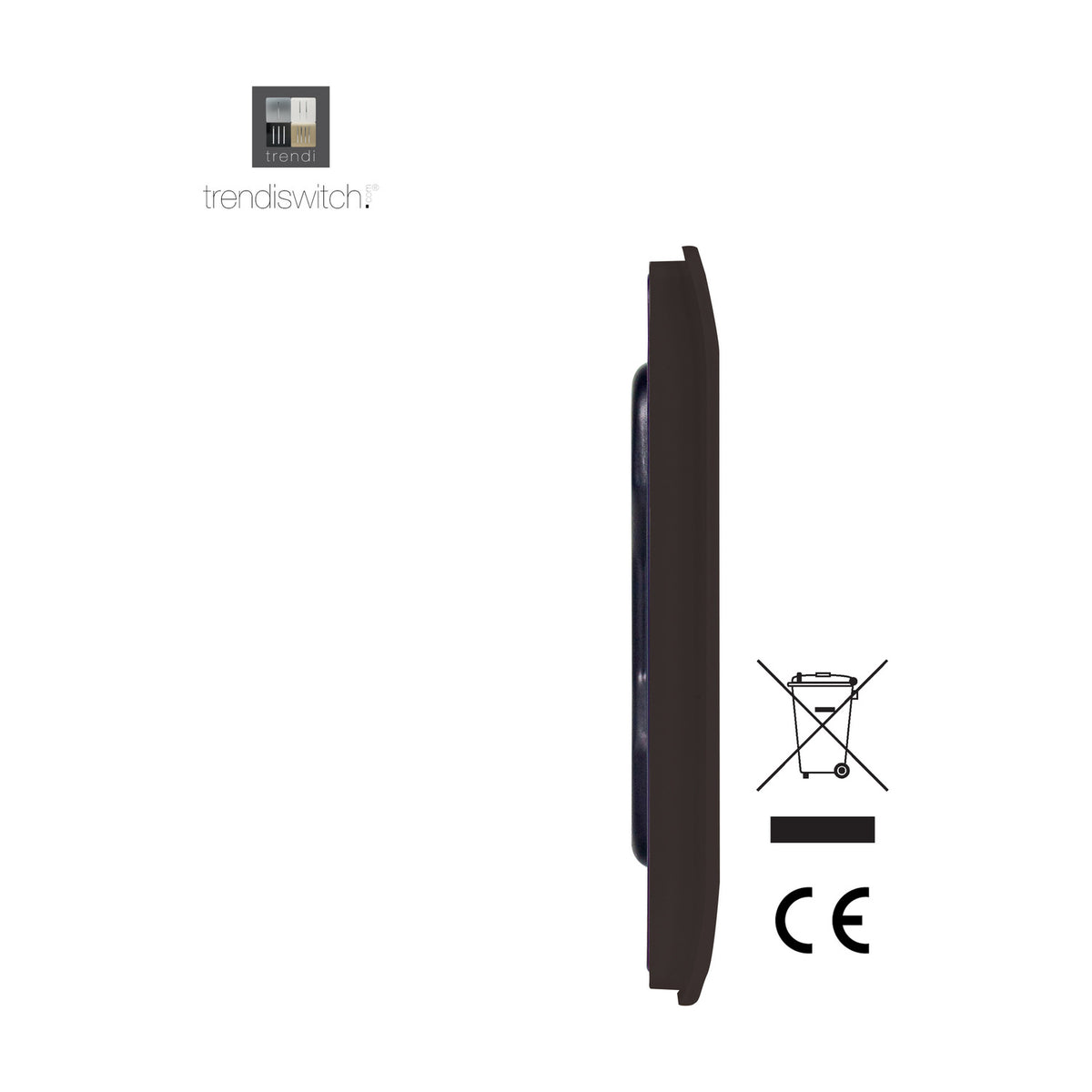 Side profile view of the Single Blanking Plate in dark brown, showing its screwless square face and depth, with CE and WEEE compliance icons on a white background.
