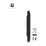 Side profile view of the Single Blanking Plate in dark brown, showing its screwless square face and depth, with CE and WEEE compliance icons on a white background.