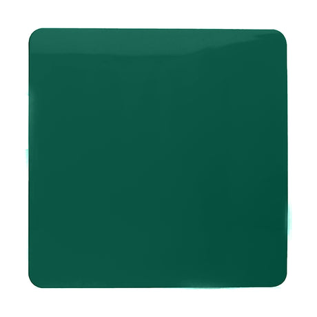 Single gang blanking plate in deep green polycarbonate with a flat, screwless square face, shown against a plain white background.