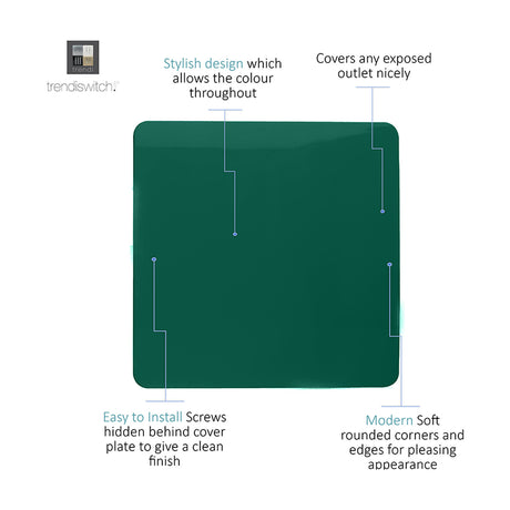 Single Gang Blanking Plate in dark green polycarbonate, screwless flat square design with rounded corners, shown on a white background with feature callouts.