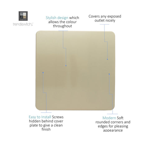 Single Blanking Plate in champagne gold with screwless, square design and rounded corners, shown with feature callouts on a white background.