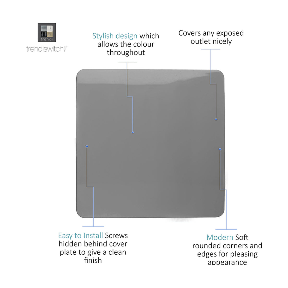 Single gang blanking plate in light grey with a screwless, square design and softly rounded corners, shown on a plain white background.