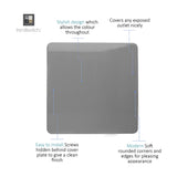 Single gang blanking plate in light grey with a screwless, square design and softly rounded corners, shown on a plain white background.