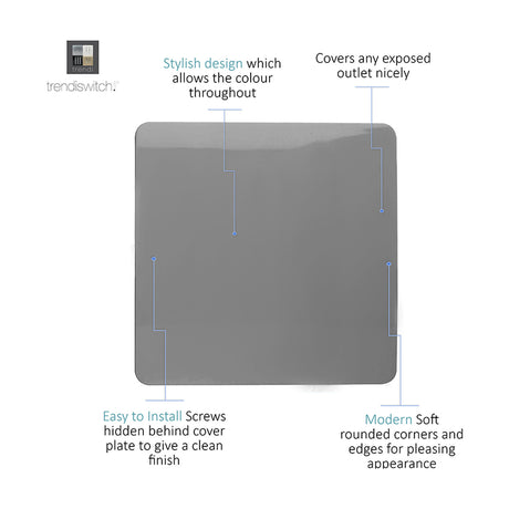 Single gang blanking plate in light grey with a screwless, square design and softly rounded corners, shown on a plain white background.