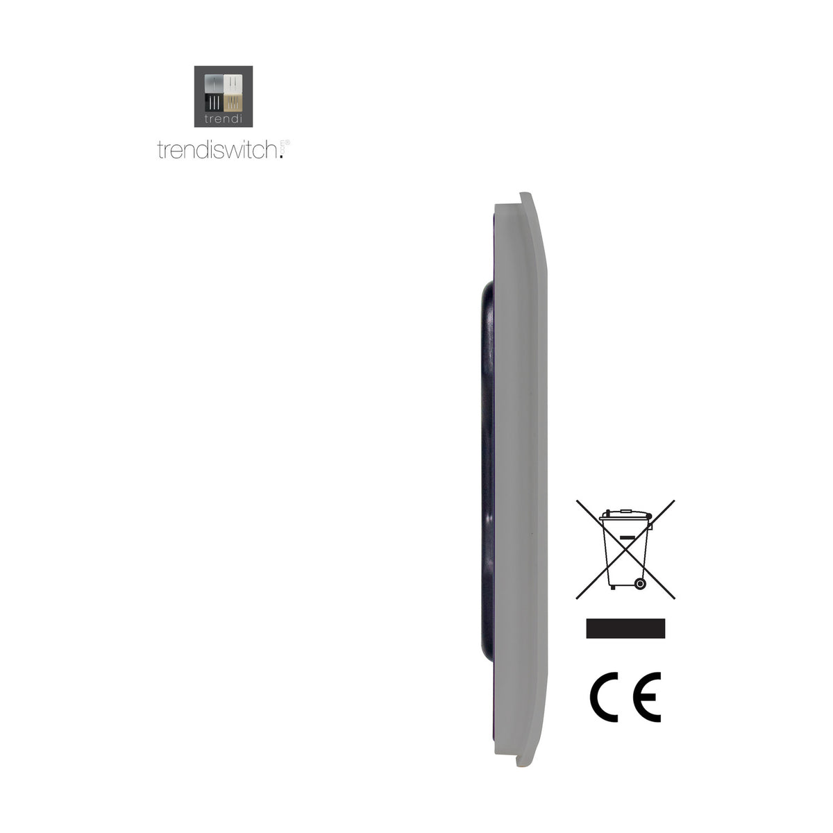Side profile of the Single Blanking Plate in light grey, showing its screwless, single-gang design with a slim moulded ABS body and recycling and CE symbols beside it on a white background.