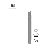 Side profile of the Single Blanking Plate in light grey, showing its screwless, single-gang design with a slim moulded ABS body and recycling and CE symbols beside it on a white background.