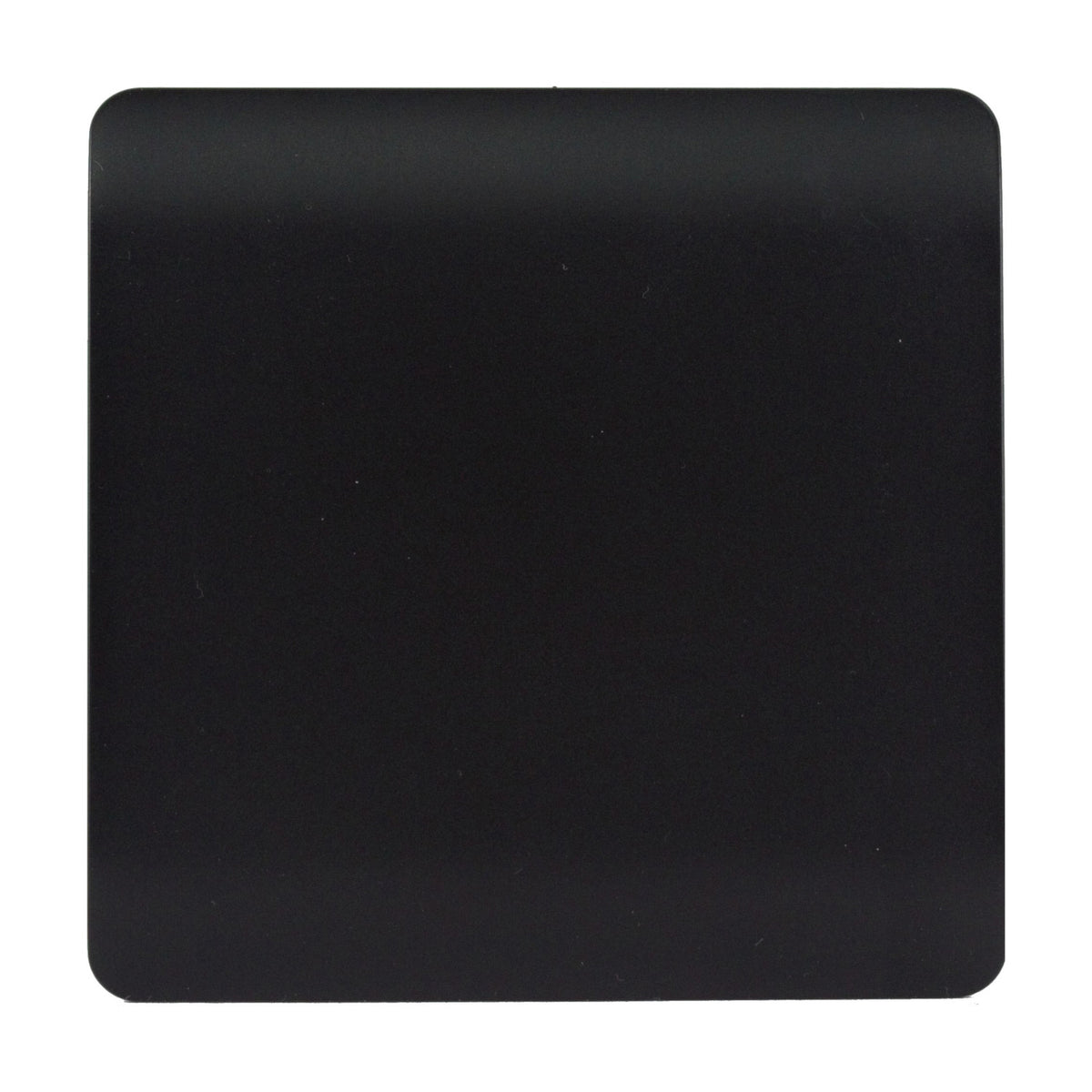 Single gang blanking plate in matt black, square screwless polycarbonate faceplate shown on a plain white background.