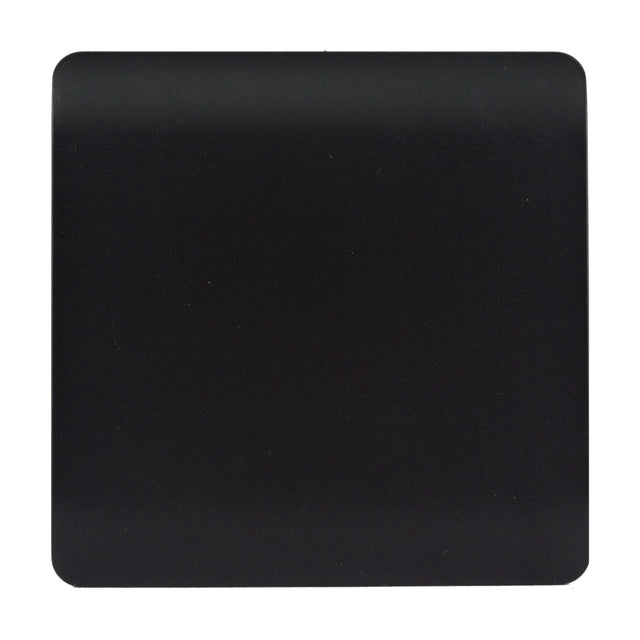 Single gang blanking plate in matt black, square screwless polycarbonate faceplate shown on a plain white background.