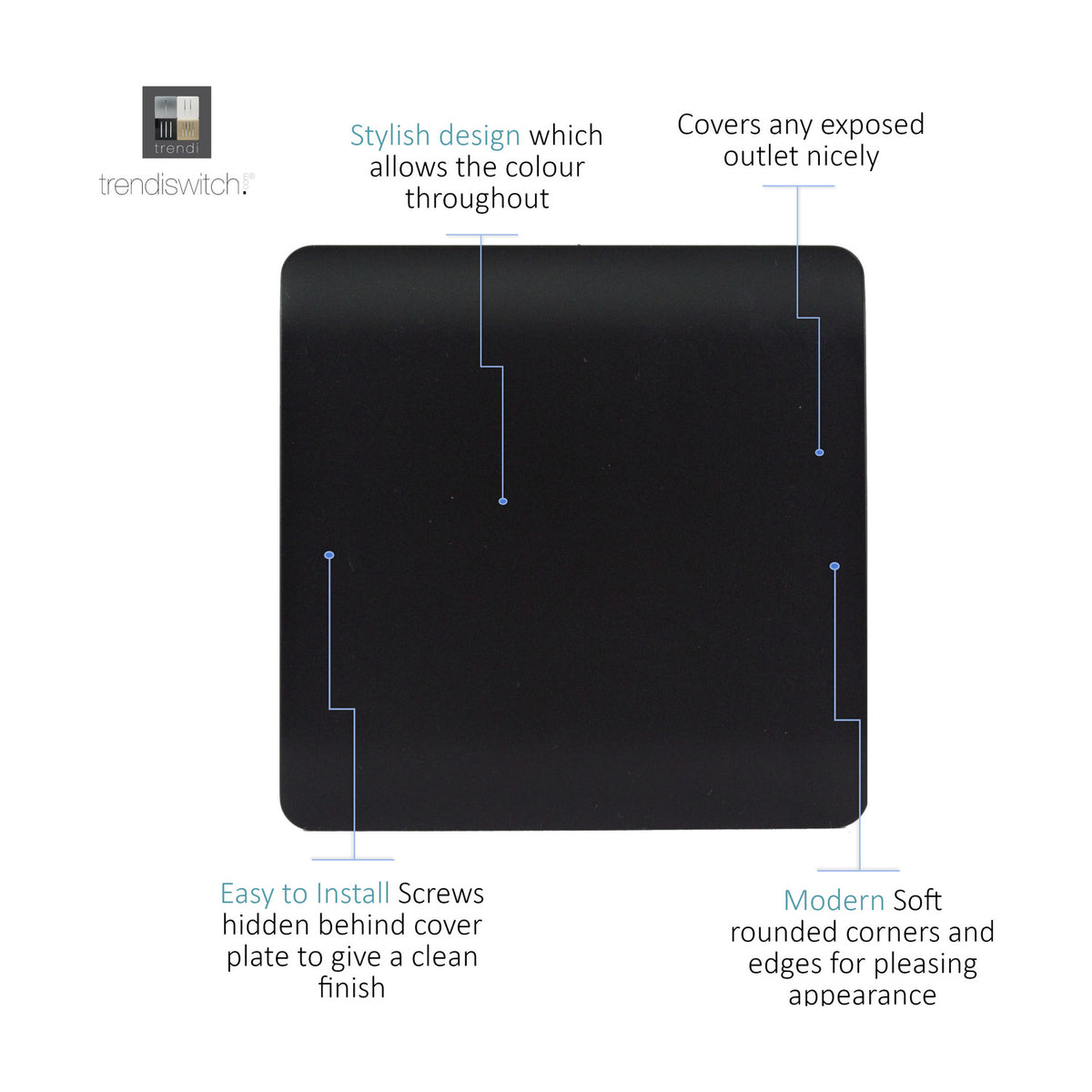 Single gang blanking plate in matt black, 88mm square screwless design with rounded corners, shown on a plain white background with feature callouts.