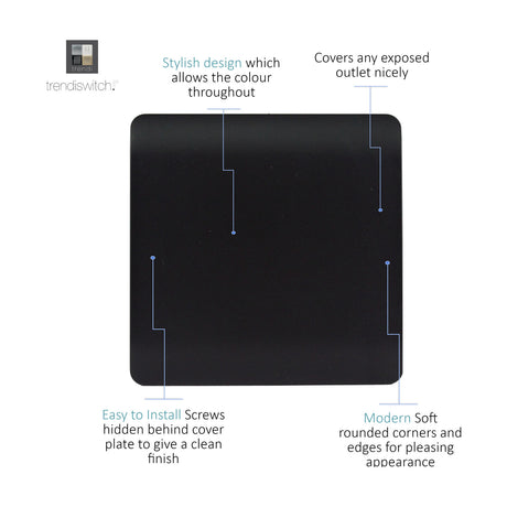 Single gang blanking plate in matt black, 88mm square screwless design with rounded corners, shown on a plain white background with feature callouts.