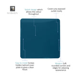 Single Blanking Plate in Midnight Blue, a screwless square polycarbonate cover with rounded corners, shown with callouts on design, installation, and finish details.