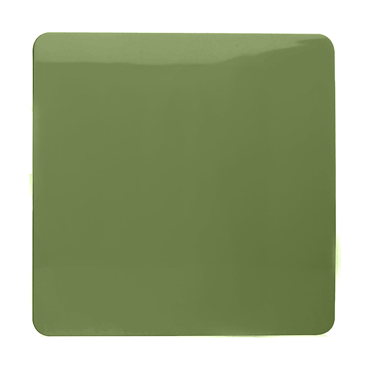 Single gang blanking plate in moss green polycarbonate, screwless square design, shown on a plain white background.