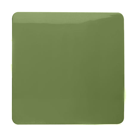 Single gang blanking plate in moss green polycarbonate, screwless square design, shown on a plain white background.
