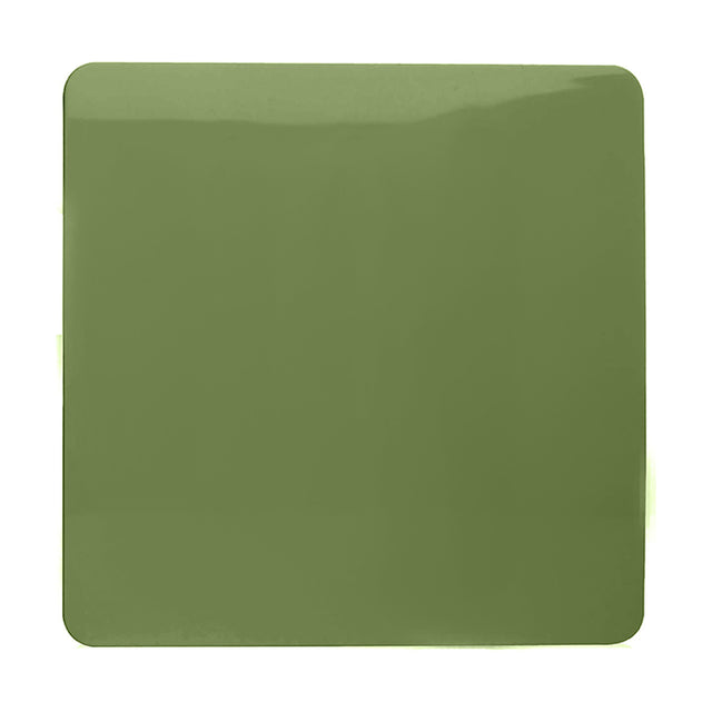 Single gang blanking plate in moss green polycarbonate, screwless square design, shown on a plain white background.