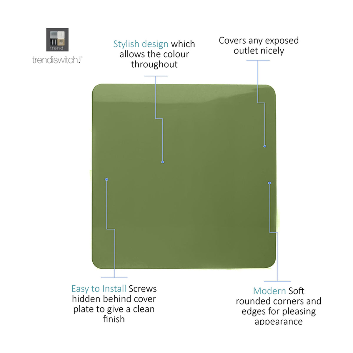 Single blanking plate in moss green, screwless 1-gang polycarbonate cover with rounded corners, shown with feature callouts on a white background.