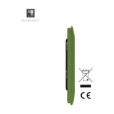 Side profile of a single gang blanking plate in moss green polycarbonate with a screwless, curved-edge design, shown against a plain white background with CE and recycling symbols.