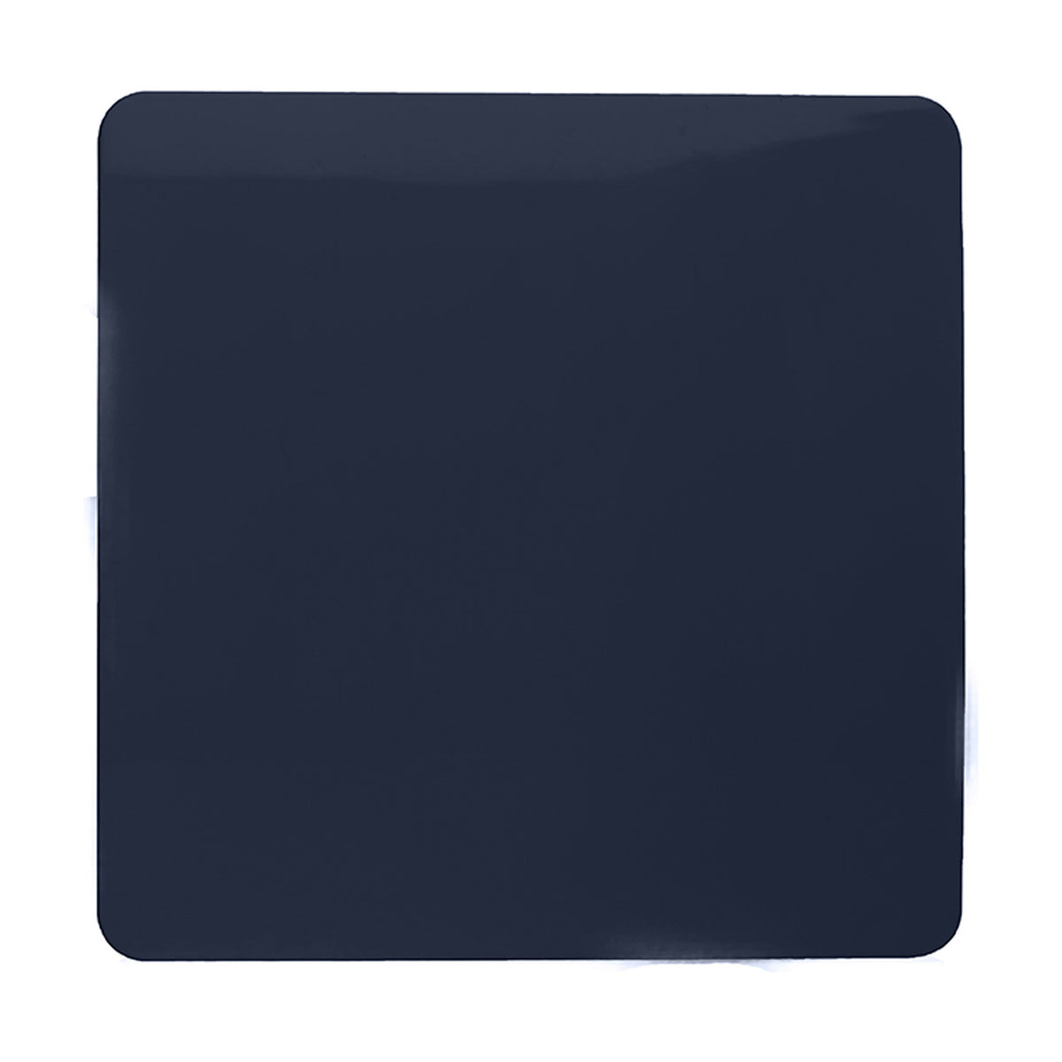Single gang blanking plate in navy blue, square screwless polycarbonate faceplate with no switch or socket cut-outs, shown on a plain white background.