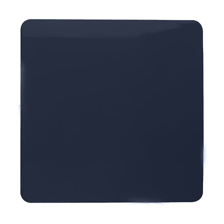 Single gang blanking plate in navy blue, square screwless polycarbonate faceplate with no switch or socket cut-outs, shown on a plain white background.
