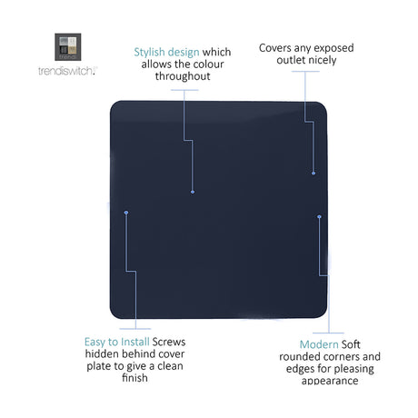 Single gang blanking plate in navy blue polycarbonate with a screwless square design and rounded corners, shown on a plain white background.
