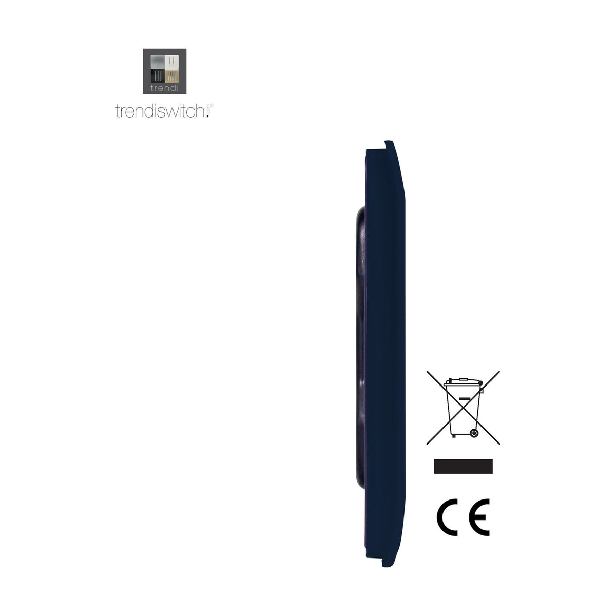 Side profile view of a single gang blanking plate in navy blue polycarbonate with a screwless, curved edge design, shown against a plain white background with CE and disposal symbols.