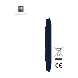Side profile view of a single gang blanking plate in navy blue polycarbonate with a screwless, curved edge design, shown against a plain white background with CE and disposal symbols.