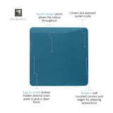 Single Blanking Plate in Ocean Blue, square screwless polycarbonate cover with rounded corners, shown with callout labels on a white background.