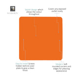 Single gang blanking plate in orange, screwless square plate with rounded corners and hidden fixing screws, shown with feature callouts on a white background.