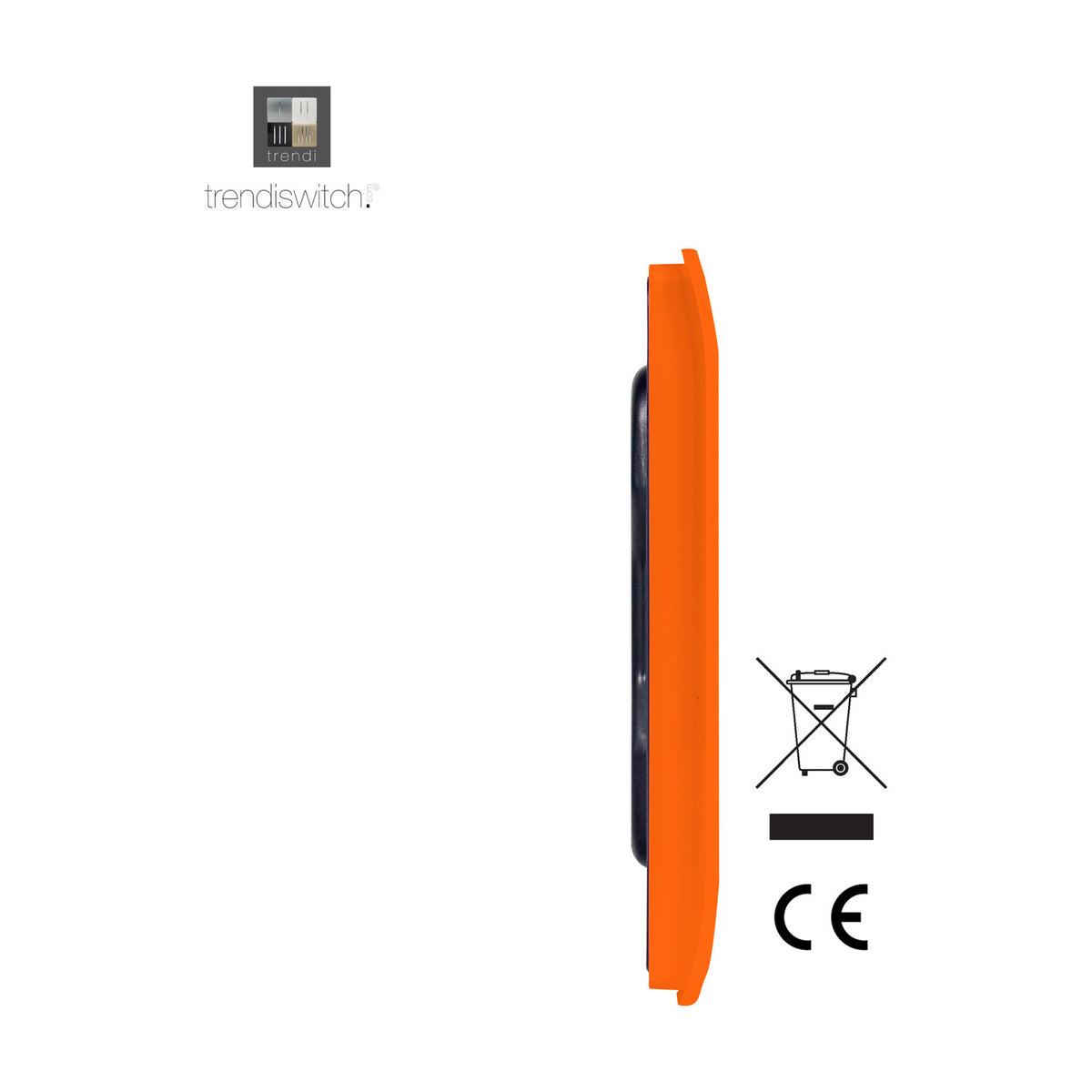Side profile of a single gang blanking plate in orange polycarbonate, showing a curved screwless edge and smooth moulded finish against a plain white background.