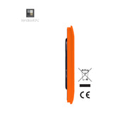 Side profile of a single gang blanking plate in orange polycarbonate, showing a curved screwless edge and smooth moulded finish against a plain white background.
