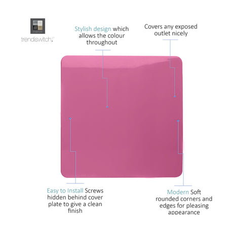Single Blanking Plate in pink, square screwless design with rounded corners, shown on a white background with labelled callouts highlighting its features.