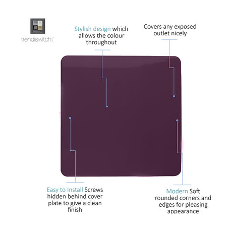 Single Blanking Plate in plum, a square screwless polycarbonate cover with rounded corners and hidden screw fixings, shown on a white background with labelled feature callouts.